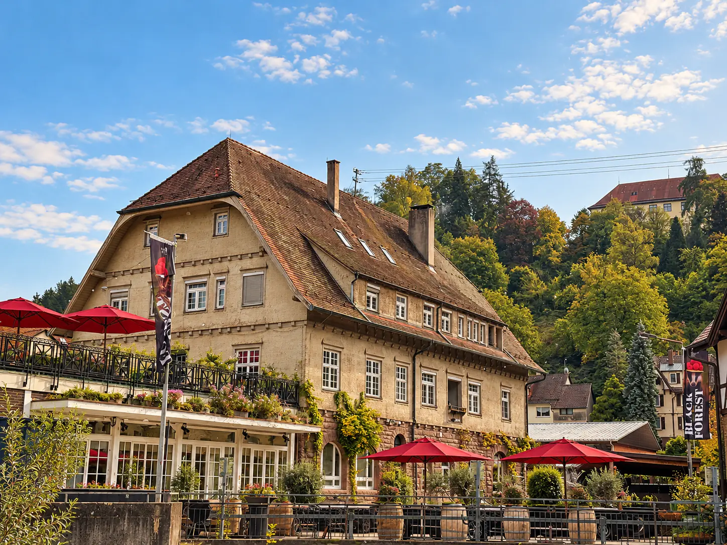 Die Alte Post in Neuenbürg mit Terrasse, umgeben von den bewaldeten Hängen des Nordschwarzwalds