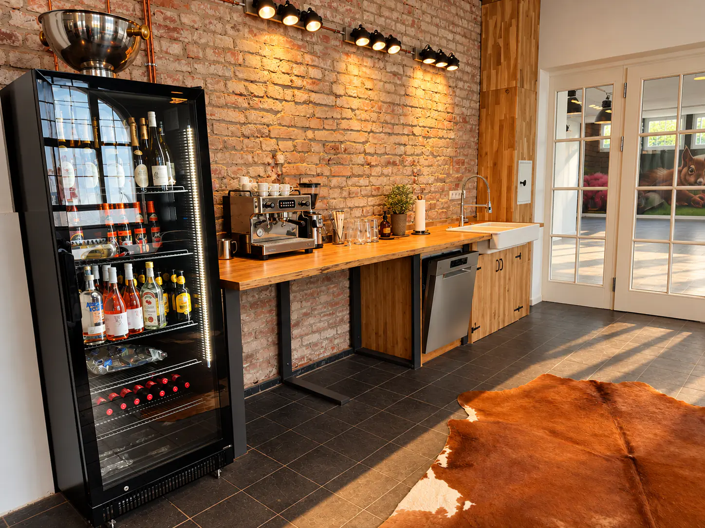 Bar mit Siebträgermaschine, Getränkekühlschrank und Backsteinwand
