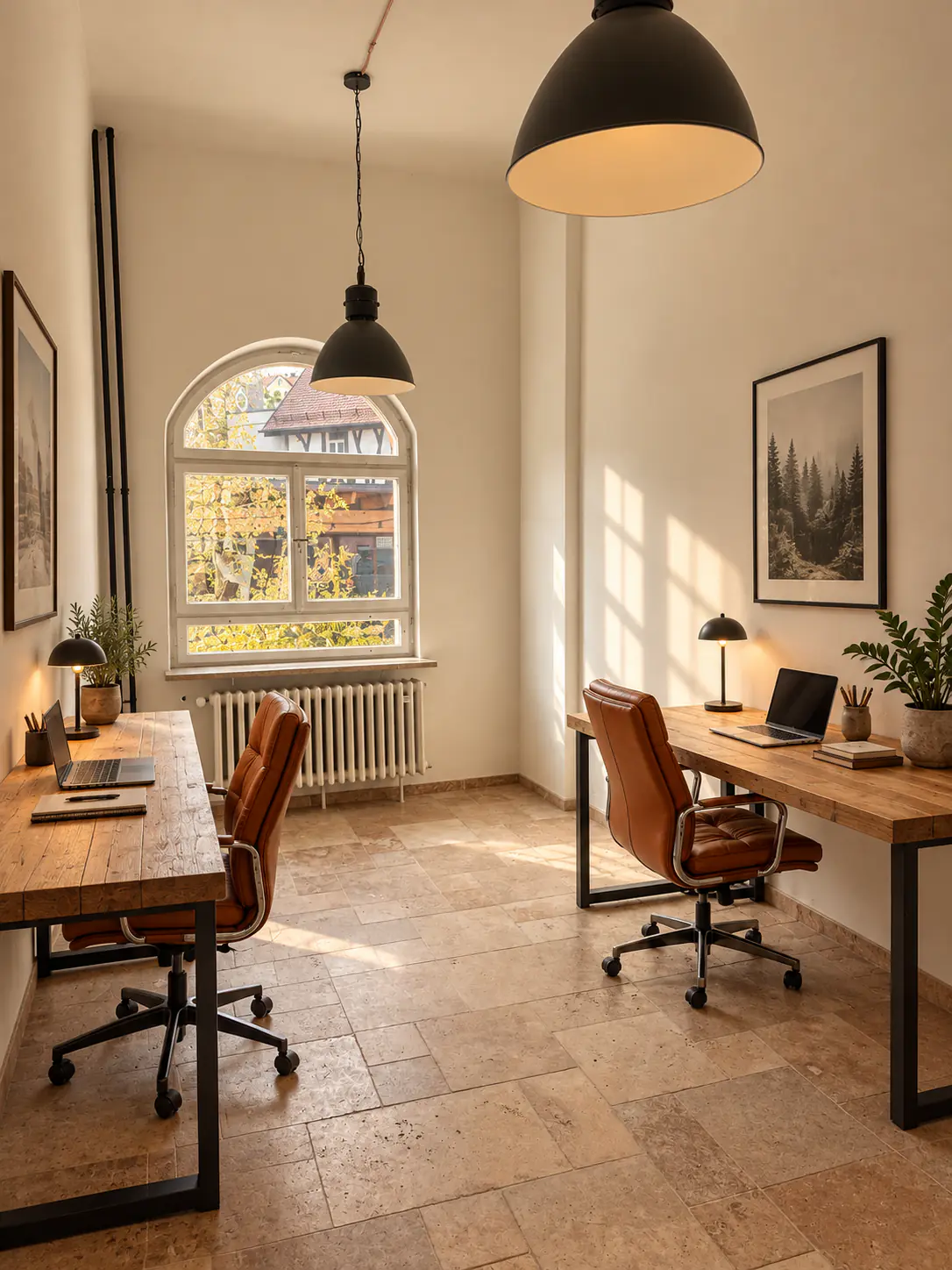 Eigenes Büro mit zwei Holzschreibtischen, Ledersesseln und Rundbogenfenster