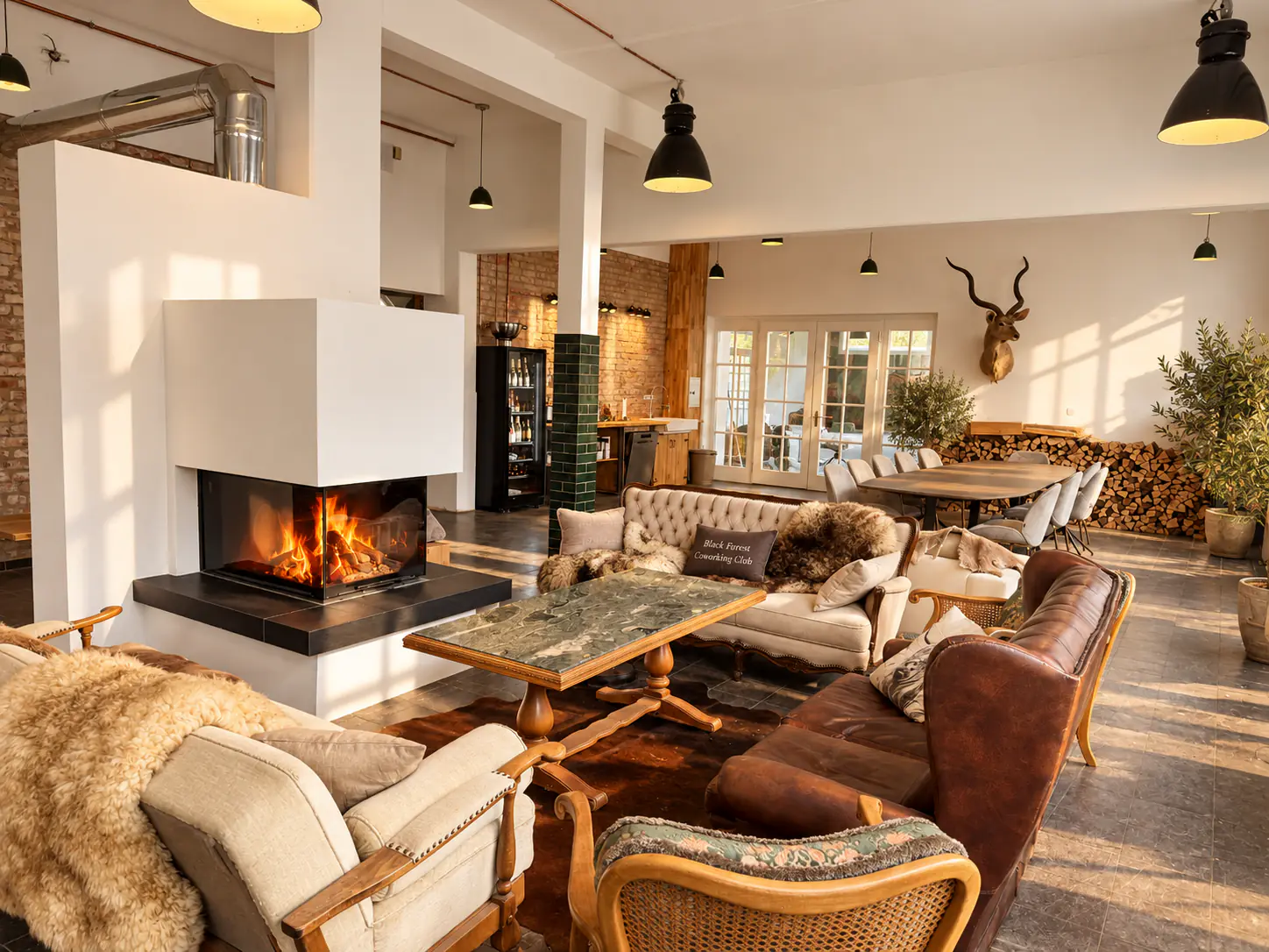 Kaminlounge mit Ledersofas, Fellen und offenem Kamin