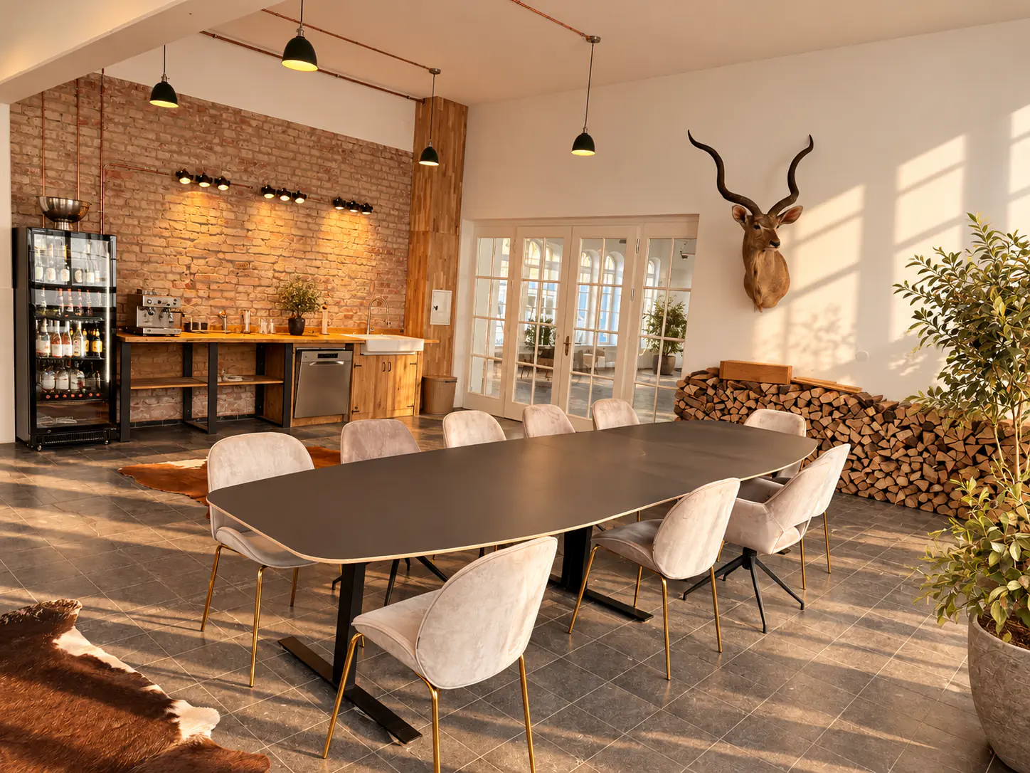 Gemeinsamer Arbeitstisch im Headquarter mit Bar, Holzstapel und Flügeltüren